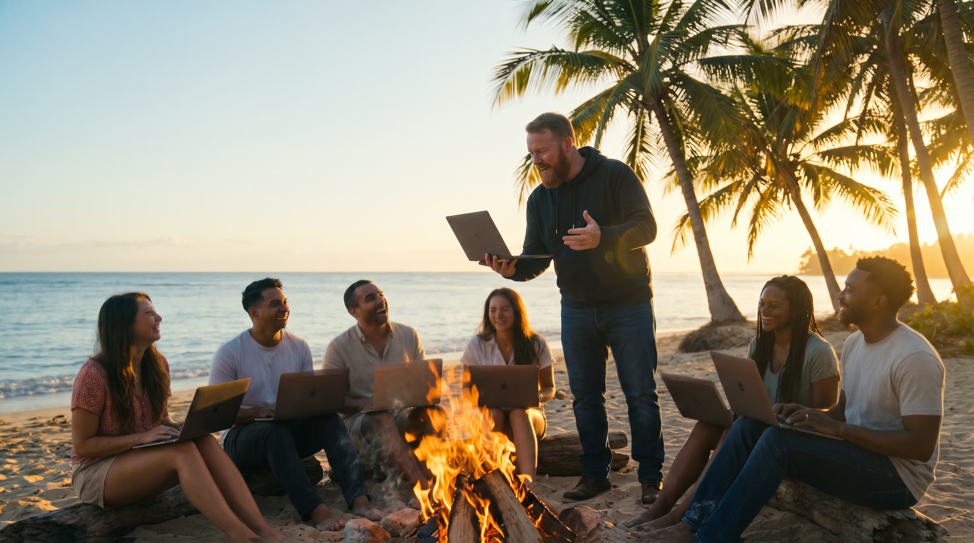 Au coucher du soleil sur une plage, un groupe de fondateurs travaille sur leurs ordinateurs autour d'un feu de camp.