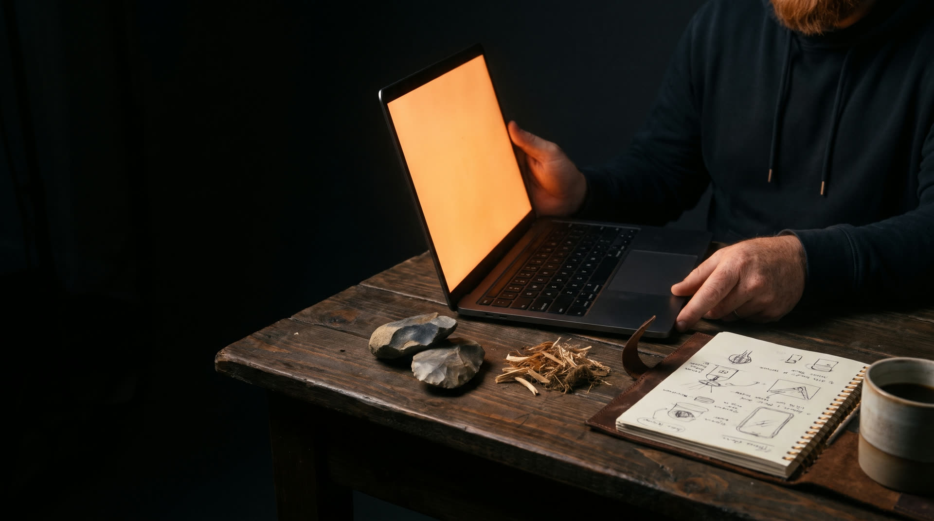 Deux silex posés sur un bureau à côté d'un ordinateur portable allumé.
